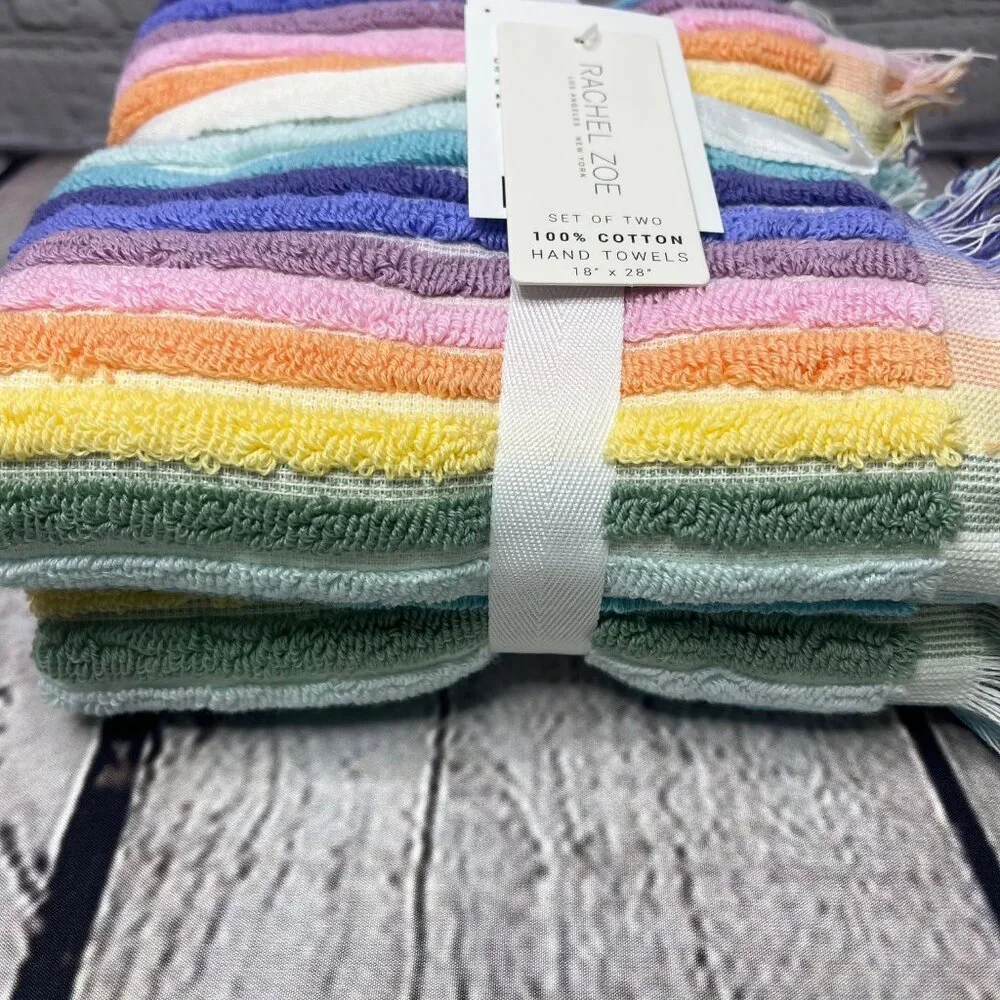 Rachel Zoe 2 Rainbow Hand Towels Set Pastel Stripe Fringe